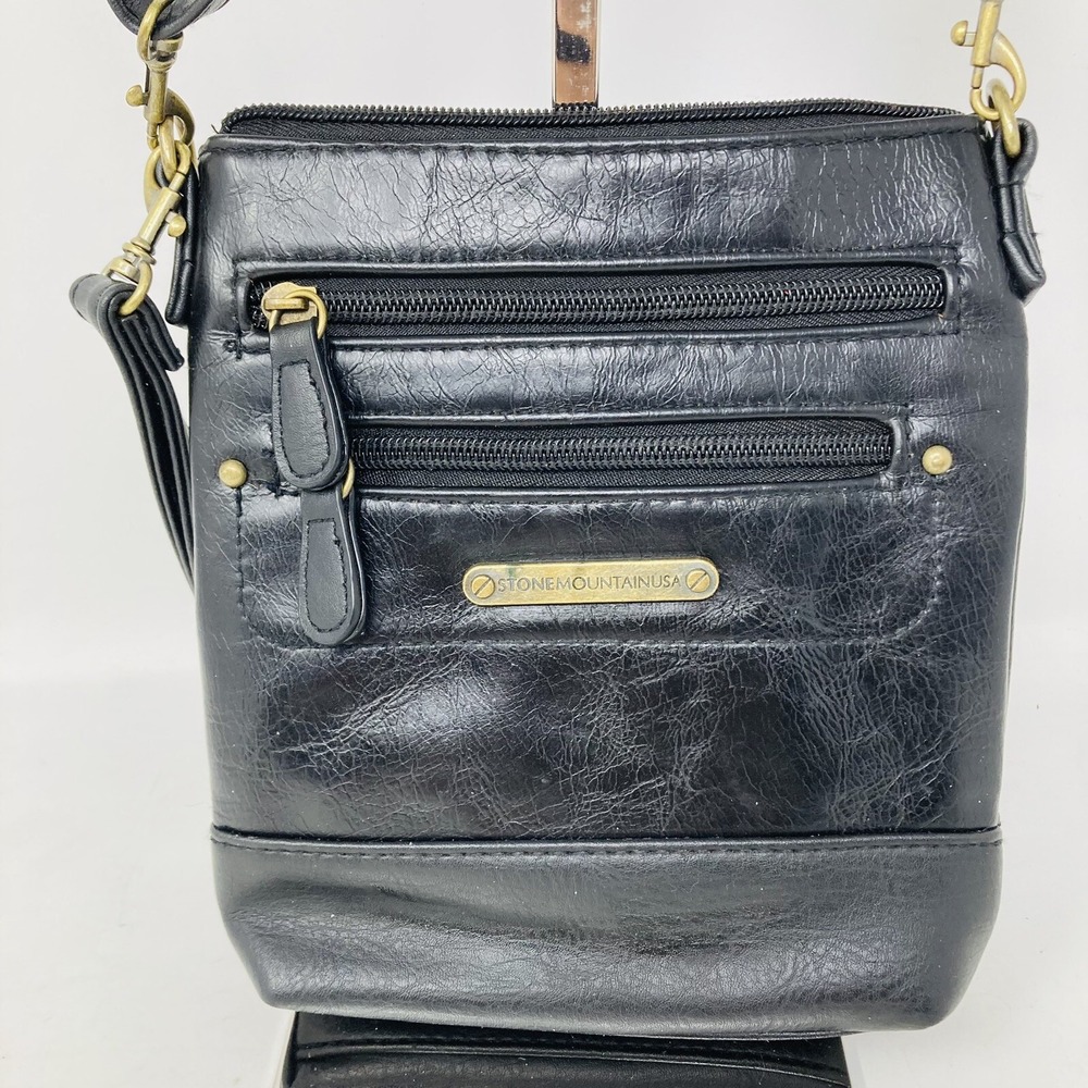 STONEMOUNTAIN USA Crossbody Messenger Bag Black Leather 4 Zippered Pockets